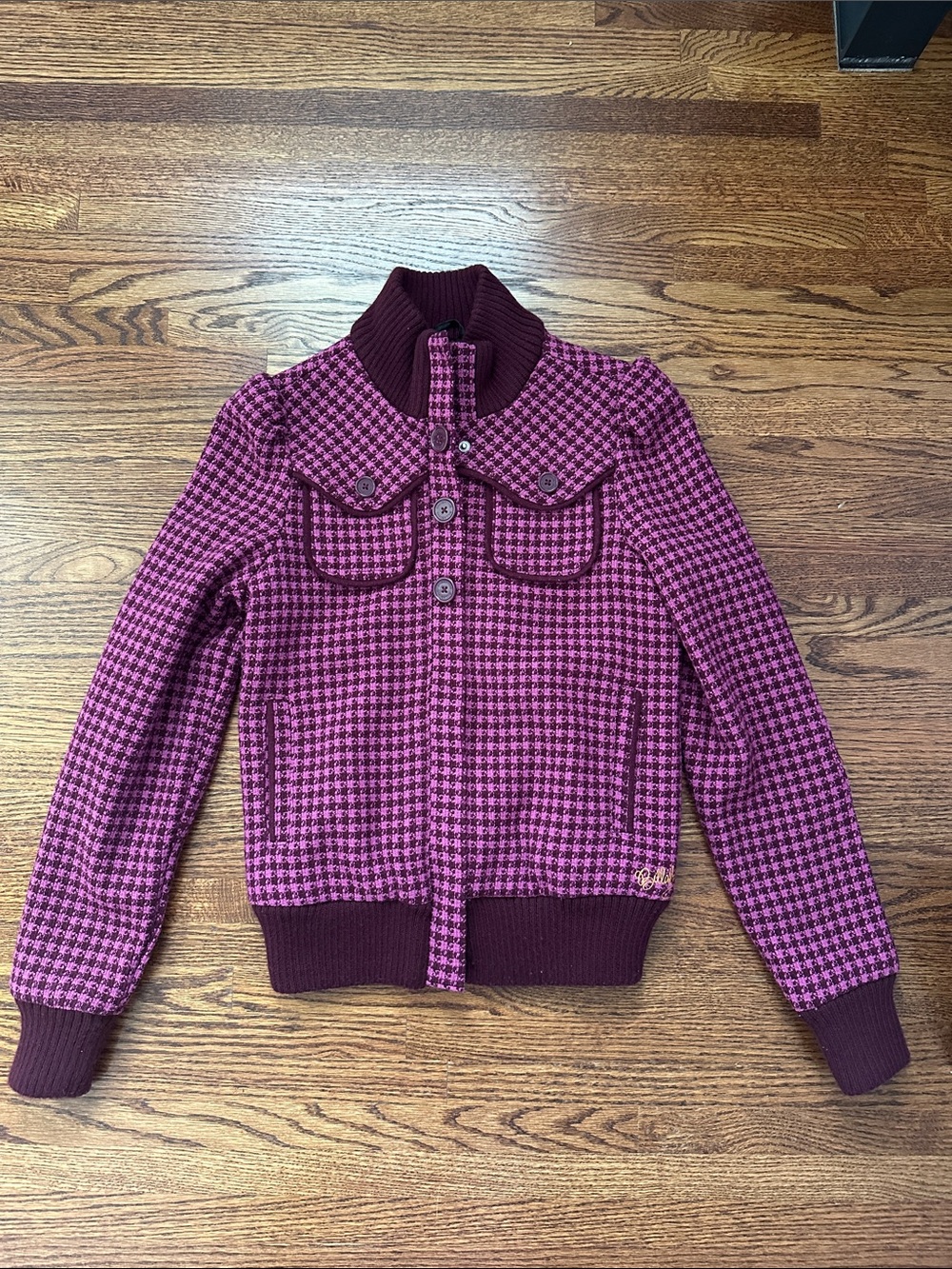 Billabong Magenta and Burgundy Houndstooth Knit Jacket- S
